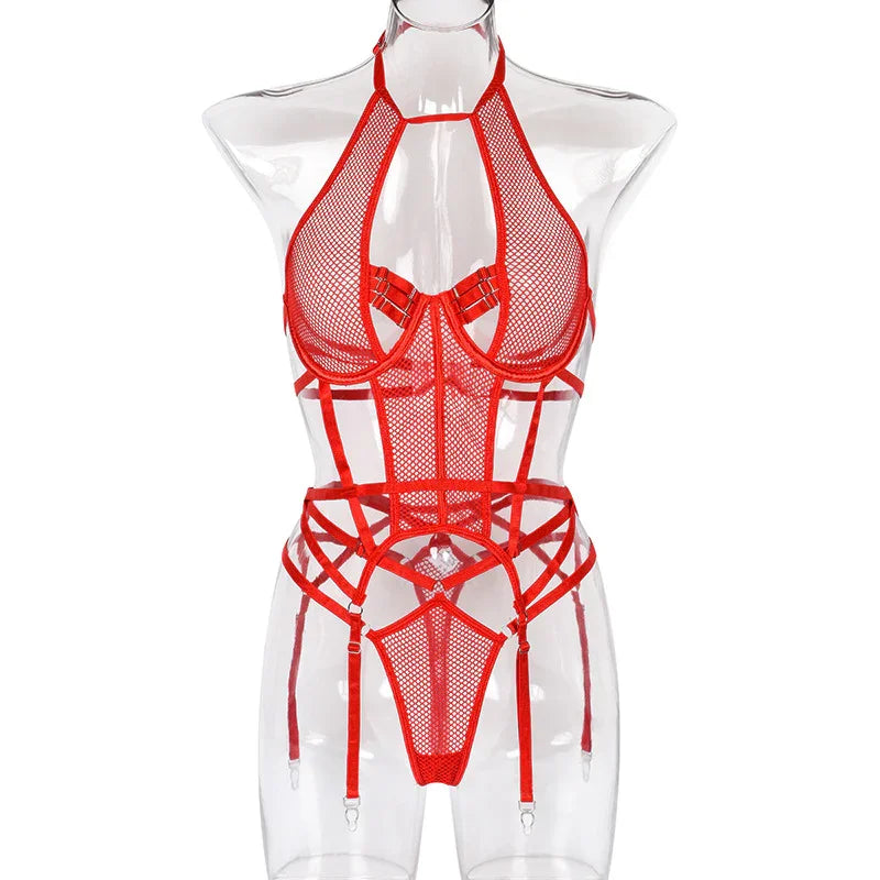 Ensemble lingerie sexy bustier string et porte-jarretelles rouge noir Le Pigalle - GUAPPAA