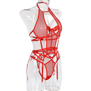 Ensemble lingerie sexy bustier string et porte-jarretelles rouge noir Le Pigalle - GUAPPAA