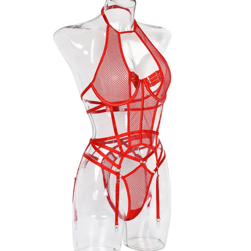 Ensemble lingerie sexy bustier string et porte-jarretelles rouge noir Le Pigalle - GUAPPAA