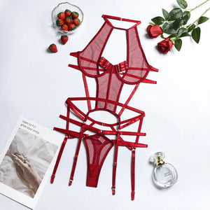 Ensemble lingerie sexy bustier string et porte-jarretelles rouge noir Le Pigalle - GUAPPAA