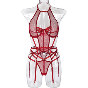 Ensemble lingerie sexy bustier string et porte-jarretelles rouge noir Le Pigalle - GUAPPAA