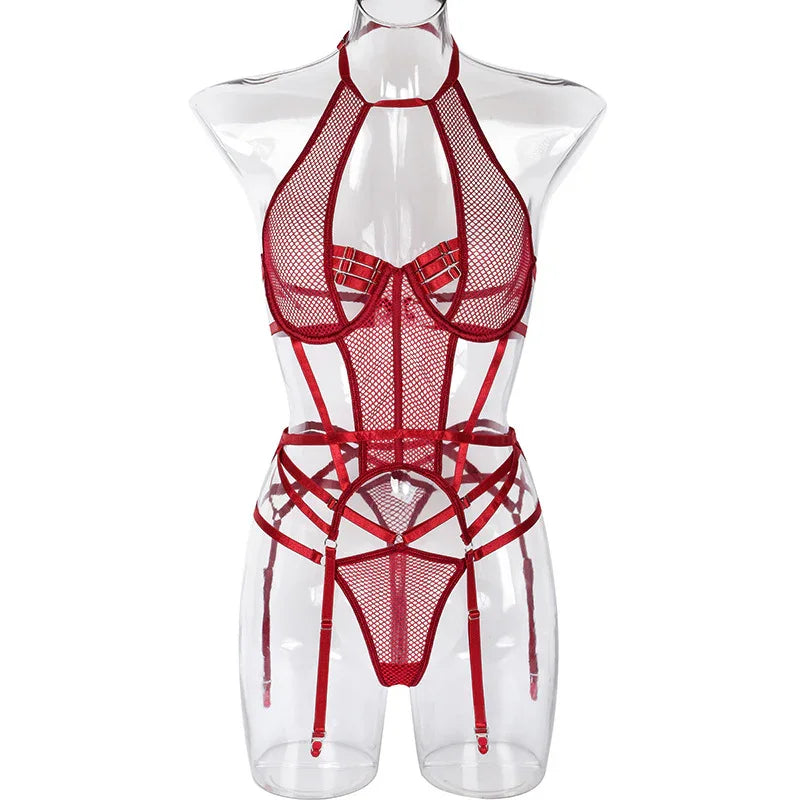 Ensemble lingerie sexy bustier string et porte-jarretelles rouge noir Le Pigalle - GUAPPAA