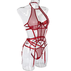 Ensemble lingerie sexy bustier string et porte-jarretelles rouge noir Le Pigalle - GUAPPAA