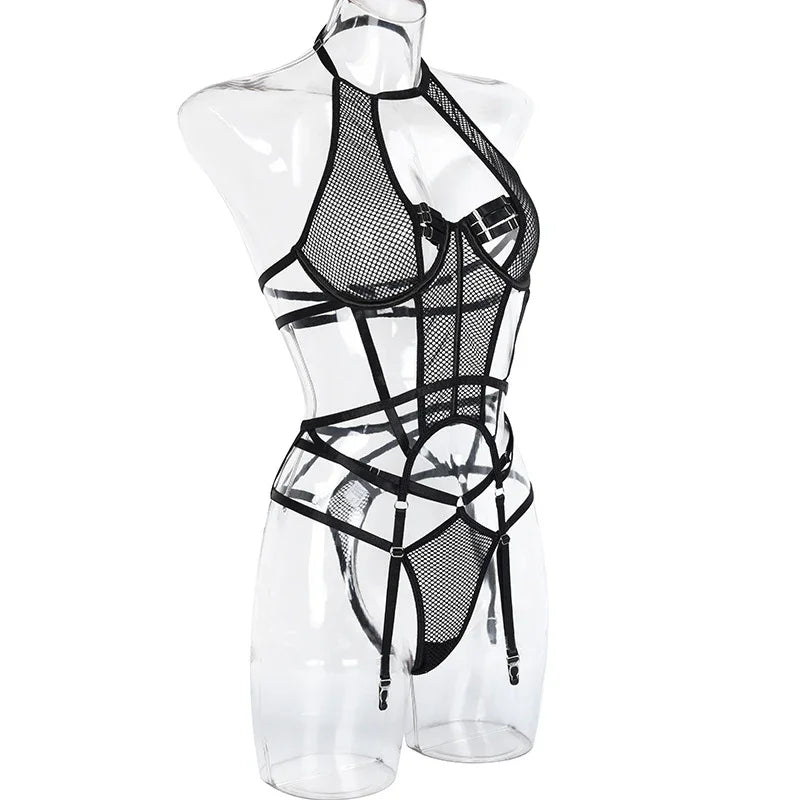 Ensemble lingerie sexy bustier string et porte-jarretelles rouge noir Le Pigalle - GUAPPAA