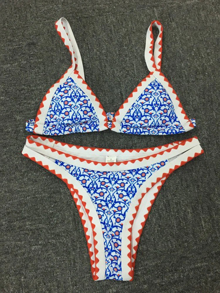 Tangerine Maillot de bain femme échancré tanga deux pièces push-up imprimé rétro - GUAPPAA