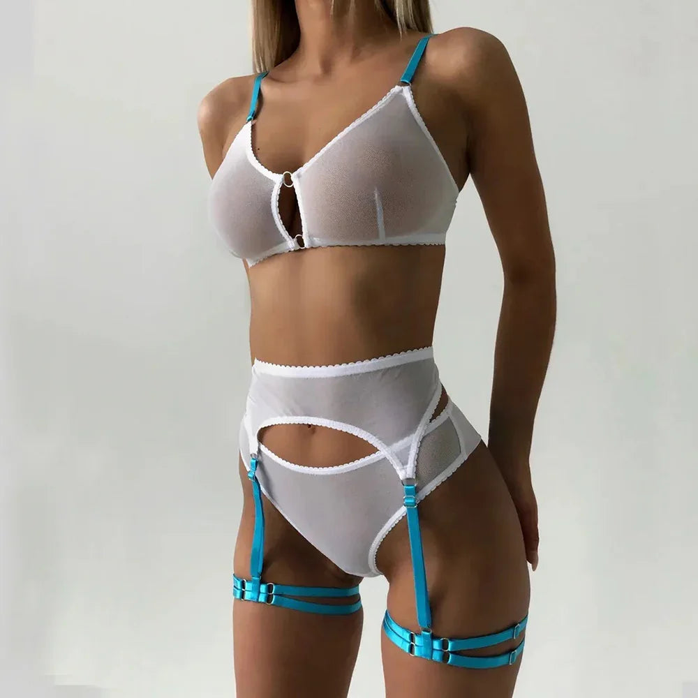 Lingerie blanche femme avec harnais et détails bleus, ensemble sexy GUAPPAA