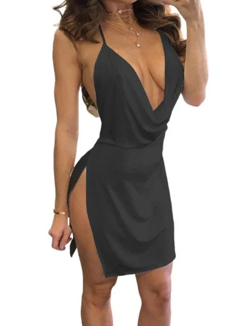 Mini robe fendue courte dos nu décolleté profond plissé Empire S-XL - GUAPPAA