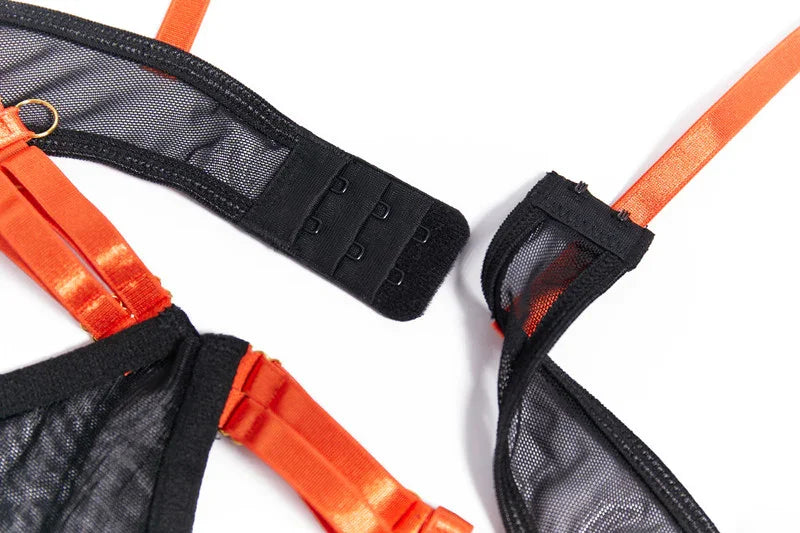 Ensemble lingerie luxe érotique à bandes cinq pièces ouvert sexy orange et noir Elle Diablo - GUAPPAA