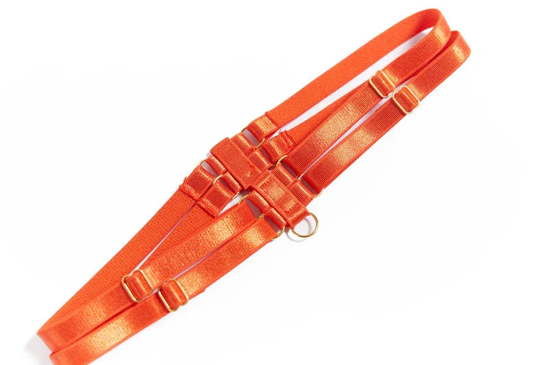Ensemble lingerie luxe érotique à bandes cinq pièces ouvert sexy orange et noir Elle Diablo - GUAPPAA
