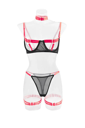 Ensemble lingerie luxe érotique à bandes cinq pièces ouvert sexy orange et noir Elle Diablo - GUAPPAA