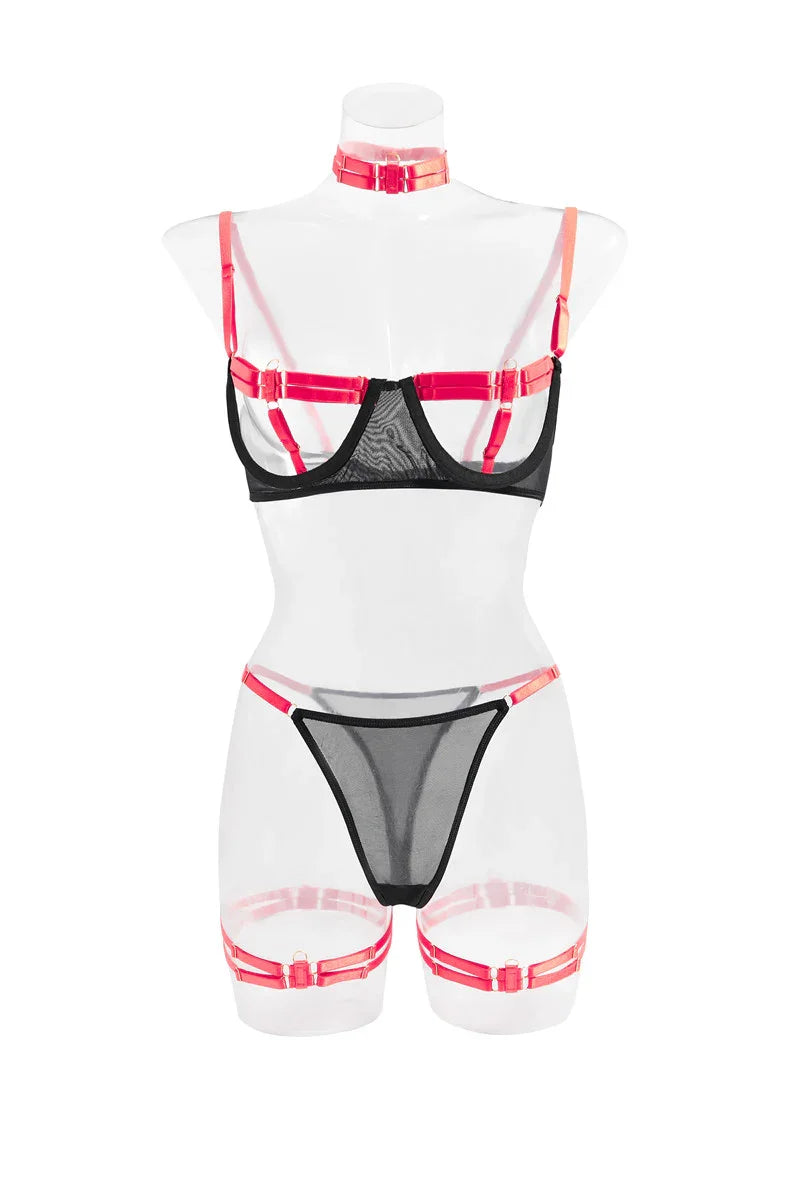 Ensemble lingerie luxe érotique à bandes cinq pièces ouvert sexy orange et noir Elle Diablo - GUAPPAA