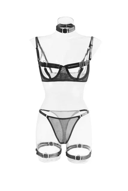 Ensemble lingerie luxe érotique à bandes cinq pièces ouvert sexy orange et noir Elle Diablo - GUAPPAA
