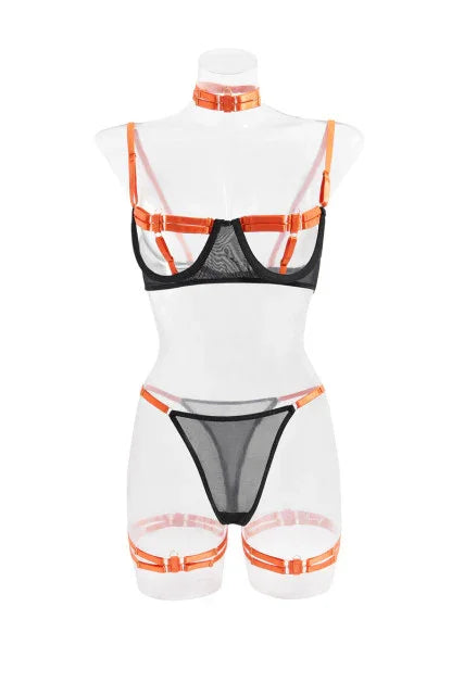 Ensemble lingerie luxe érotique à bandes cinq pièces ouvert sexy orange et noir Elle Diablo - GUAPPAA