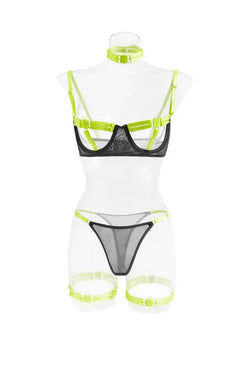 Ensemble lingerie luxe érotique à bandes cinq pièces ouvert sexy orange et noir Elle Diablo - GUAPPAA