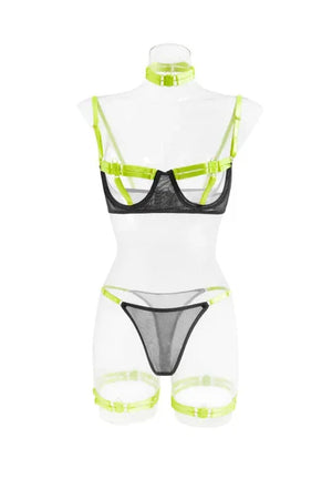 Ensemble lingerie luxe érotique à bandes cinq pièces ouvert sexy orange et noir Elle Diablo - GUAPPAA