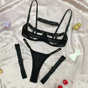 Ensemble lingerie luxe érotique à bandes cinq pièces ouvert sexy orange et noir Elle Diablo - GUAPPAA