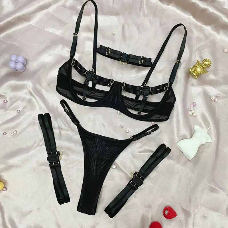 Ensemble lingerie luxe érotique à bandes cinq pièces ouvert sexy orange et noir Elle Diablo - GUAPPAA