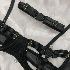 Ensemble lingerie luxe érotique à bandes cinq pièces ouvert sexy orange et noir Elle Diablo - GUAPPAA