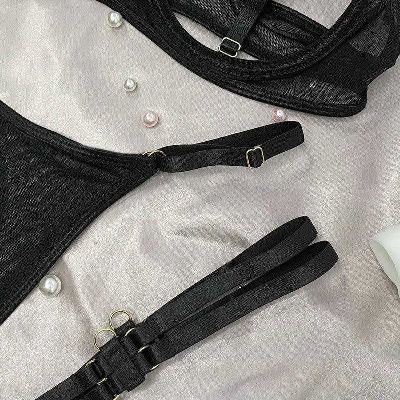 Ensemble lingerie luxe érotique à bandes cinq pièces ouvert sexy orange et noir Elle Diablo - GUAPPAA