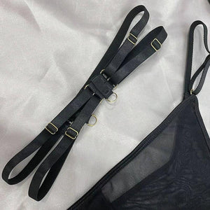 Ensemble lingerie luxe érotique à bandes cinq pièces ouvert sexy orange et noir Elle Diablo - GUAPPAA