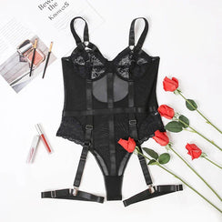 Body sexy string tanga dentelle porte-jarretelles satiné rouge noir Température de Nuit - GUAPPAA