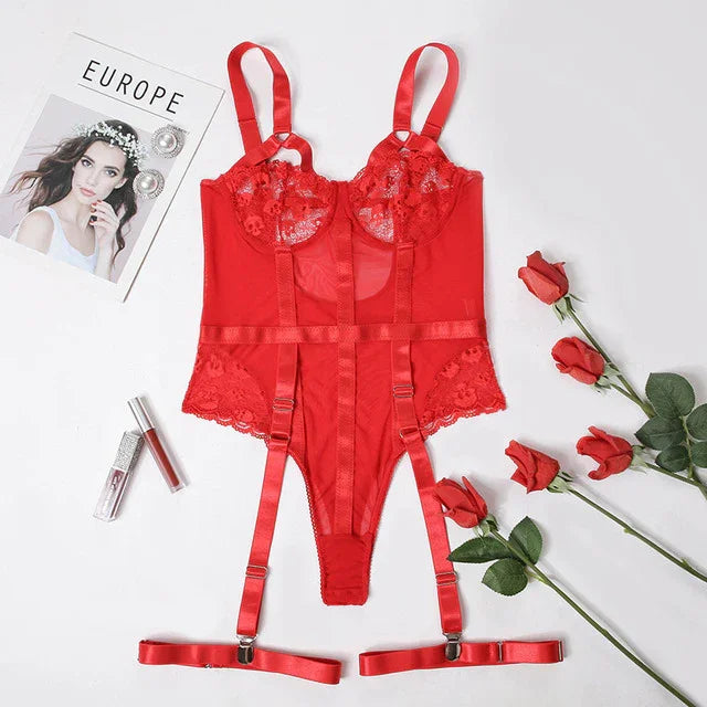 Body sexy string tanga dentelle porte-jarretelles satiné rouge noir Température de Nuit - GUAPPAA