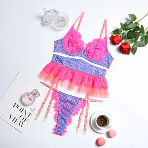 L'emprise S M L lingerie sensuelle transparente trois pièces chic glamour bleu rose - GUAPPAA