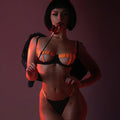 Ensemble lingerie luxe érotique à bandes cinq pièces ouvert sexy orange et noir Elle Diablo - GUAPPAA
