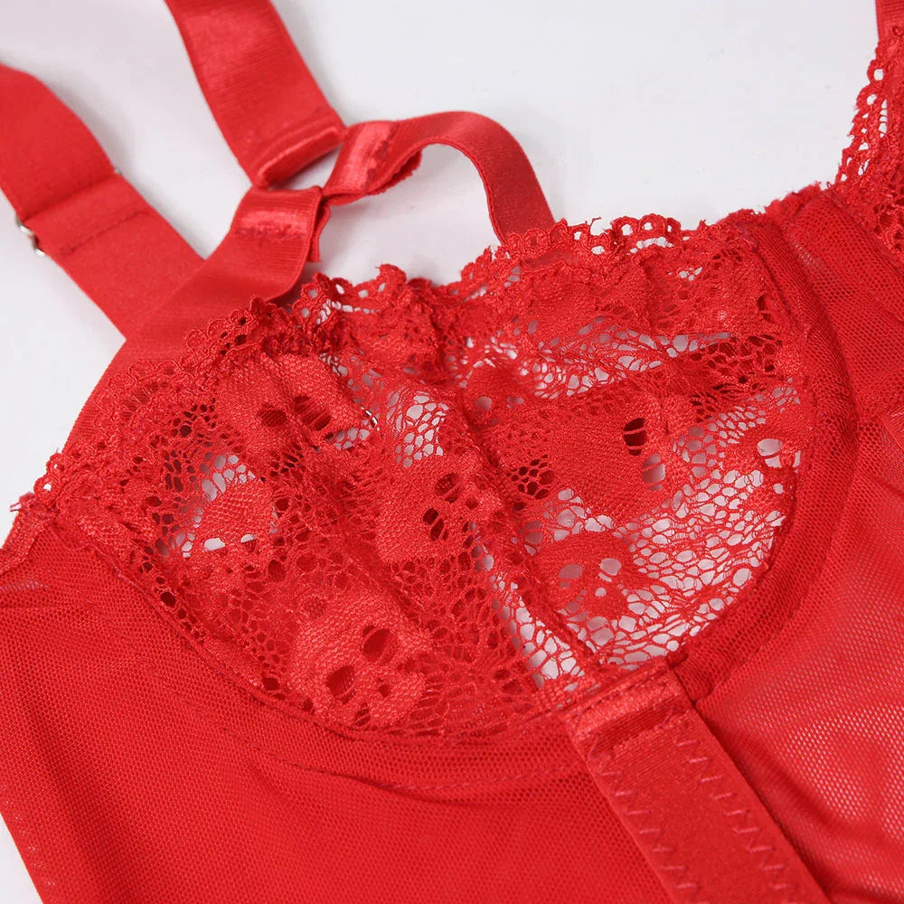 Body sexy string tanga dentelle porte-jarretelles satiné rouge noir Température de Nuit - GUAPPAA