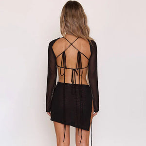 S M L Petite robe noire fendue dos nu ouverte lacée à manches transparentes Midnight - GUAPPAA