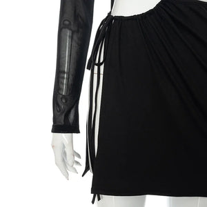 S M L Petite robe noire fendue dos nu ouverte lacée à manches transparentes Midnight - GUAPPAA