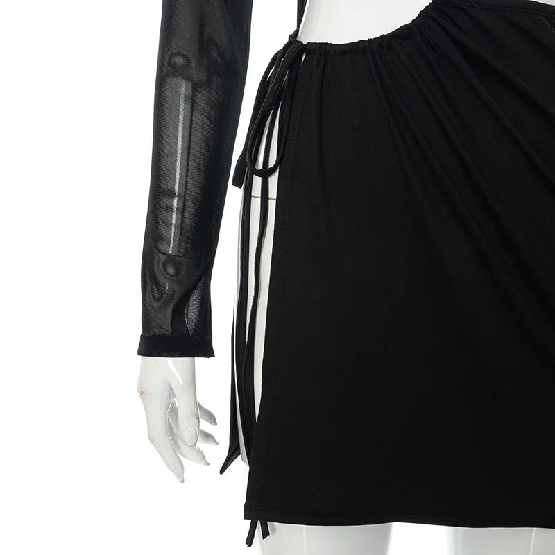S M L Petite robe noire fendue dos nu ouverte lacée à manches transparentes Midnight - GUAPPAA