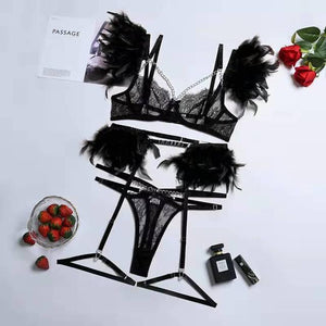 XS-L Ensemble lingerie trois pièces à chaînettes et plumes érotique Feu Nocturne - GUAPPAA