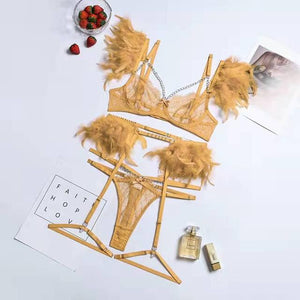 XS-L Ensemble lingerie trois pièces à chaînettes et plumes érotique Feu Nocturne - GUAPPAA