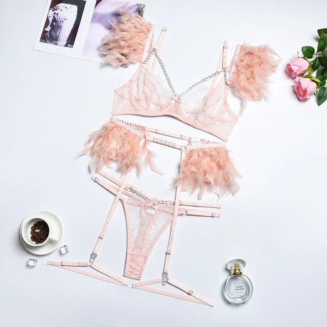 XS-L Ensemble lingerie trois pièces à chaînettes et plumes érotique Feu Nocturne - GUAPPAA