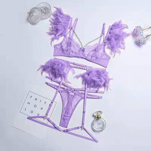 XS-L Ensemble lingerie trois pièces à chaînettes et plumes érotique Feu Nocturne - GUAPPAA