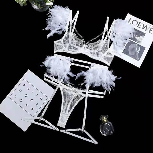 XS-L Ensemble lingerie trois pièces à chaînettes et plumes érotique Feu Nocturne - GUAPPAA