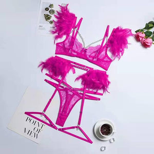 XS-L Ensemble lingerie trois pièces à chaînettes et plumes érotique Feu Nocturne - GUAPPAA