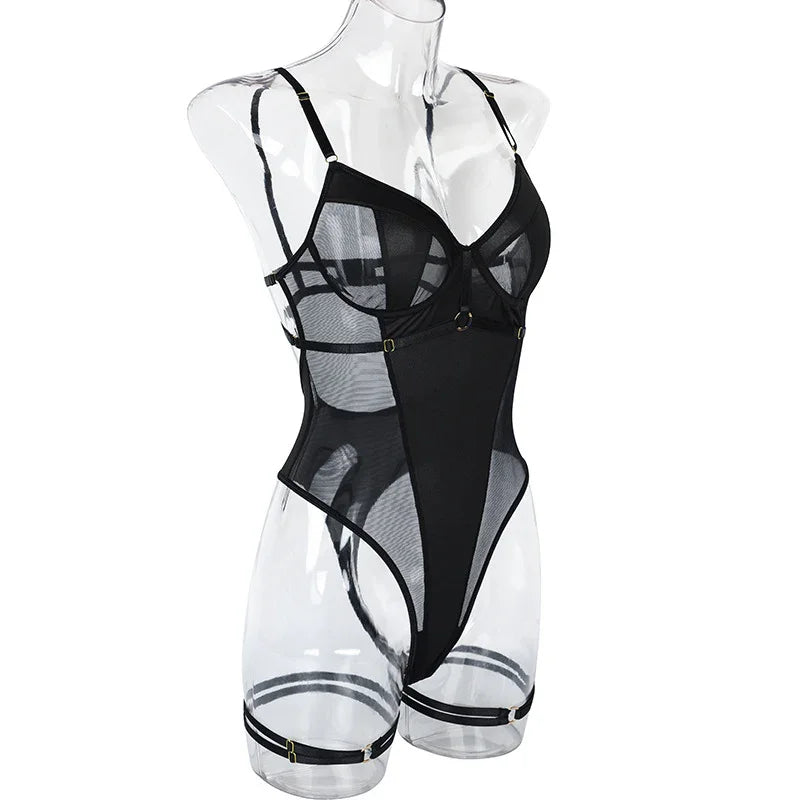 Body string transparent et jarretières doubles sexy lingerie raffinée Structure - GUAPPAA