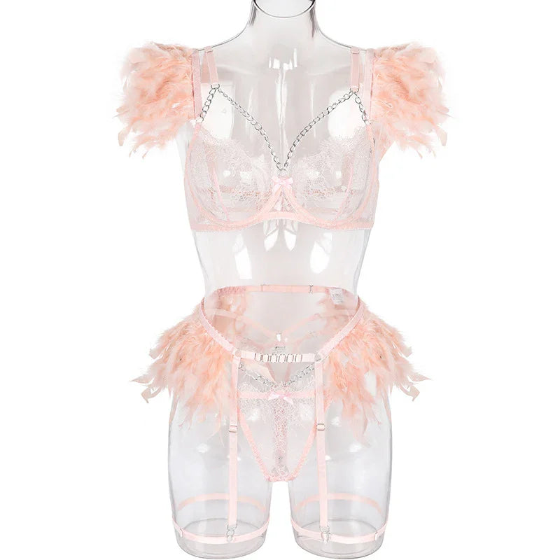 XS-L Ensemble lingerie trois pièces à chaînettes et plumes érotique Feu Nocturne - GUAPPAA