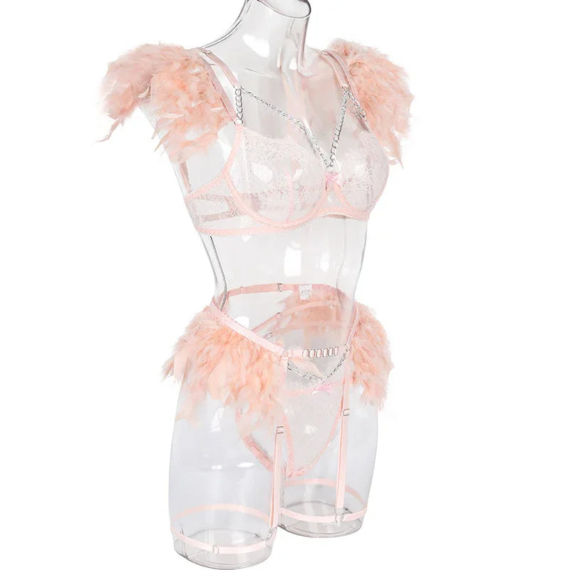 XS-L Ensemble lingerie trois pièces à chaînettes et plumes érotique Feu Nocturne - GUAPPAA