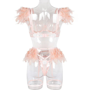 XS-L Ensemble lingerie trois pièces à chaînettes et plumes érotique Feu Nocturne - GUAPPAA