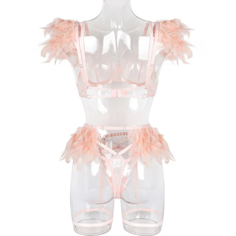 XS-L Ensemble lingerie trois pièces à chaînettes et plumes érotique Feu Nocturne - GUAPPAA