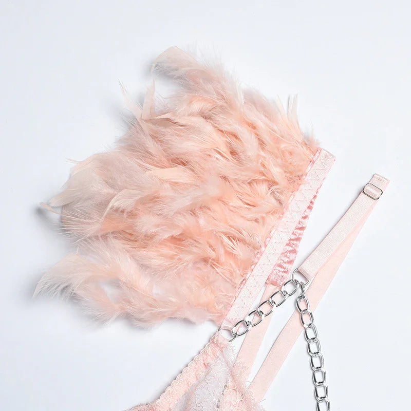 XS-L Ensemble lingerie trois pièces à chaînettes et plumes érotique Feu Nocturne - GUAPPAA