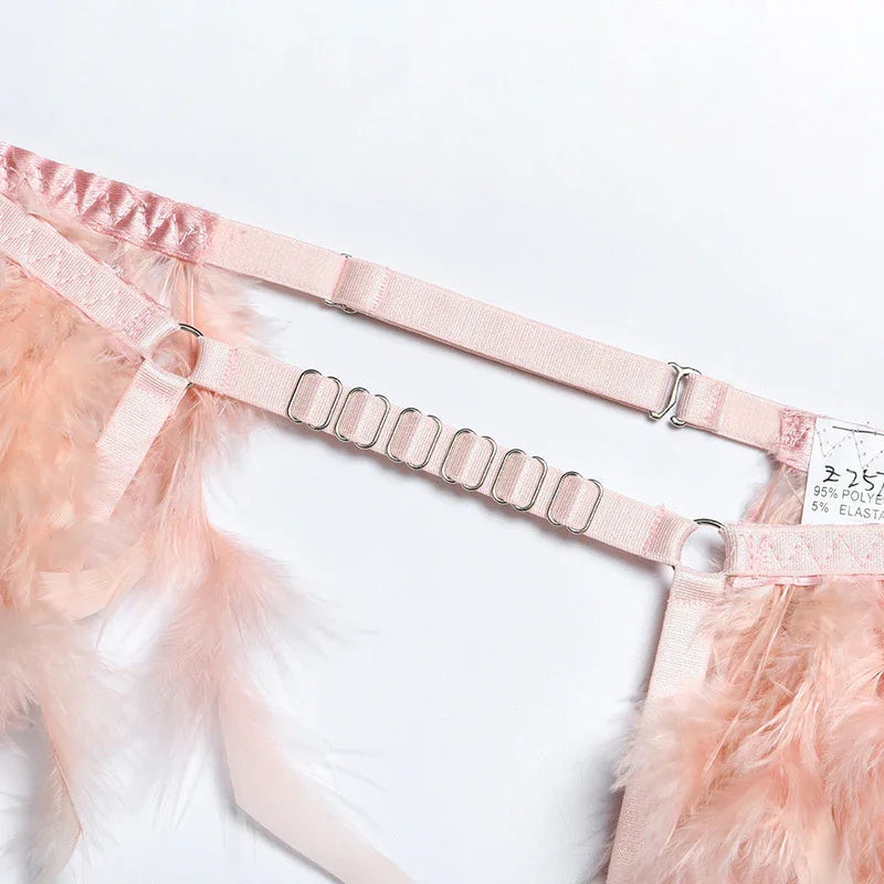 XS-L Ensemble lingerie trois pièces à chaînettes et plumes érotique Feu Nocturne - GUAPPAA