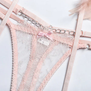 XS-L Ensemble lingerie trois pièces à chaînettes et plumes érotique Feu Nocturne - GUAPPAA