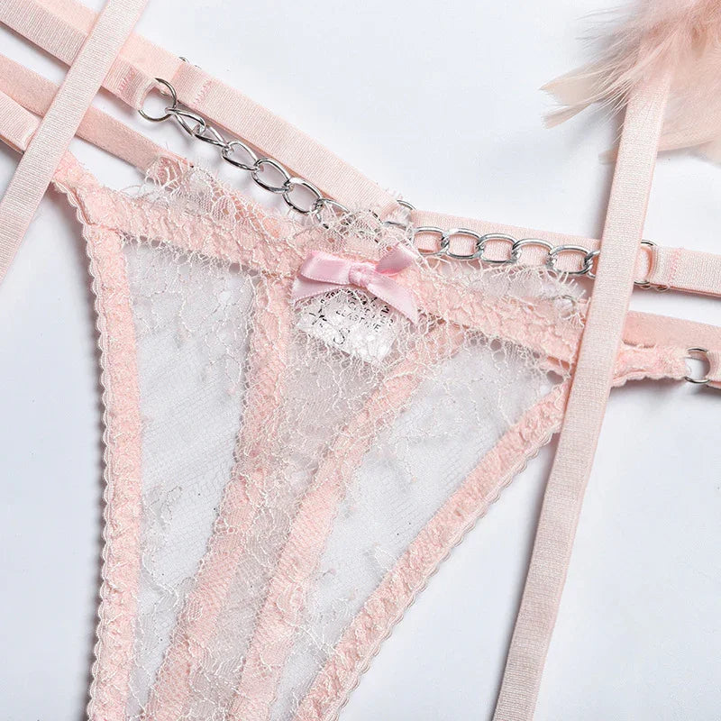 XS-L Ensemble lingerie trois pièces à chaînettes et plumes érotique Feu Nocturne - GUAPPAA